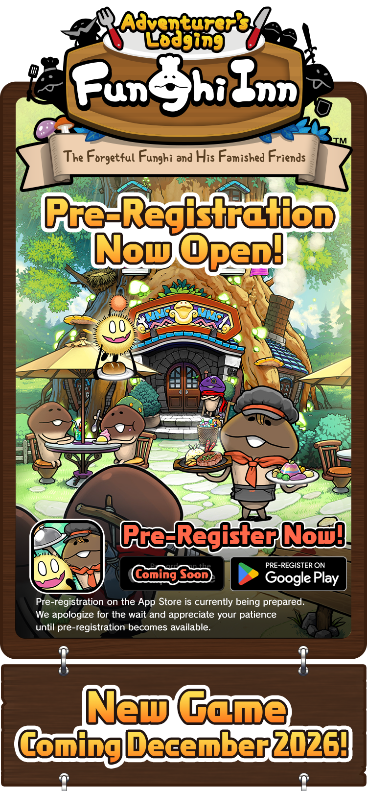 Adventurer's Lodging Funghi Inn. Coming December 2026. Pre-registration is available on Google Play. App Store Coming Soon.